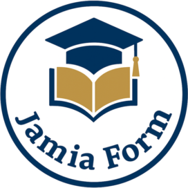 Jamia Form logo in a circular badge style, featuring a navy‐blue graduation cap above a gold open book, with “Jamia Form” arched along the bottom.